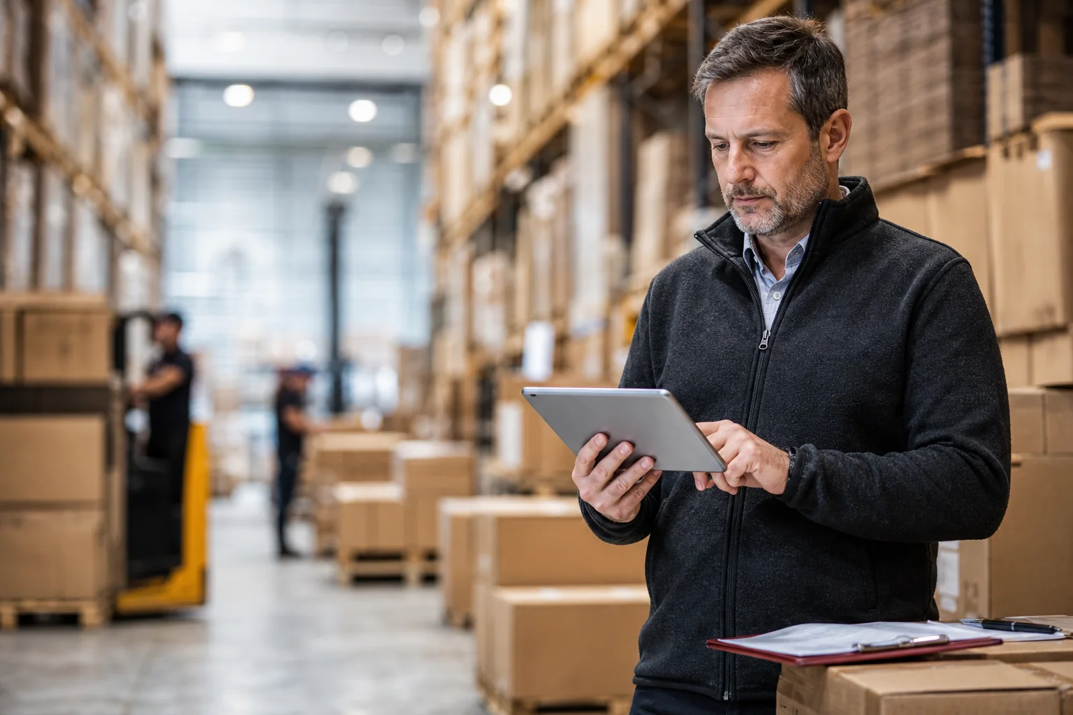 FBA seller checking inventory and accounting records in a fulfilment warehouse
