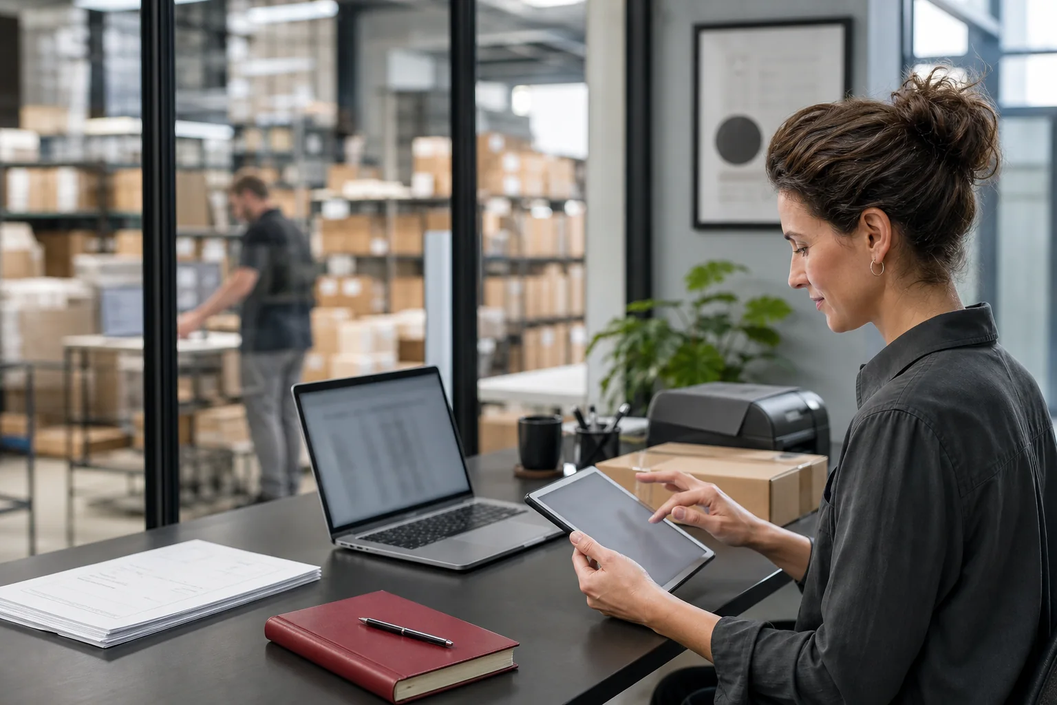 Ecommerce finance manager reviewing connected accounting systems in a warehouse office