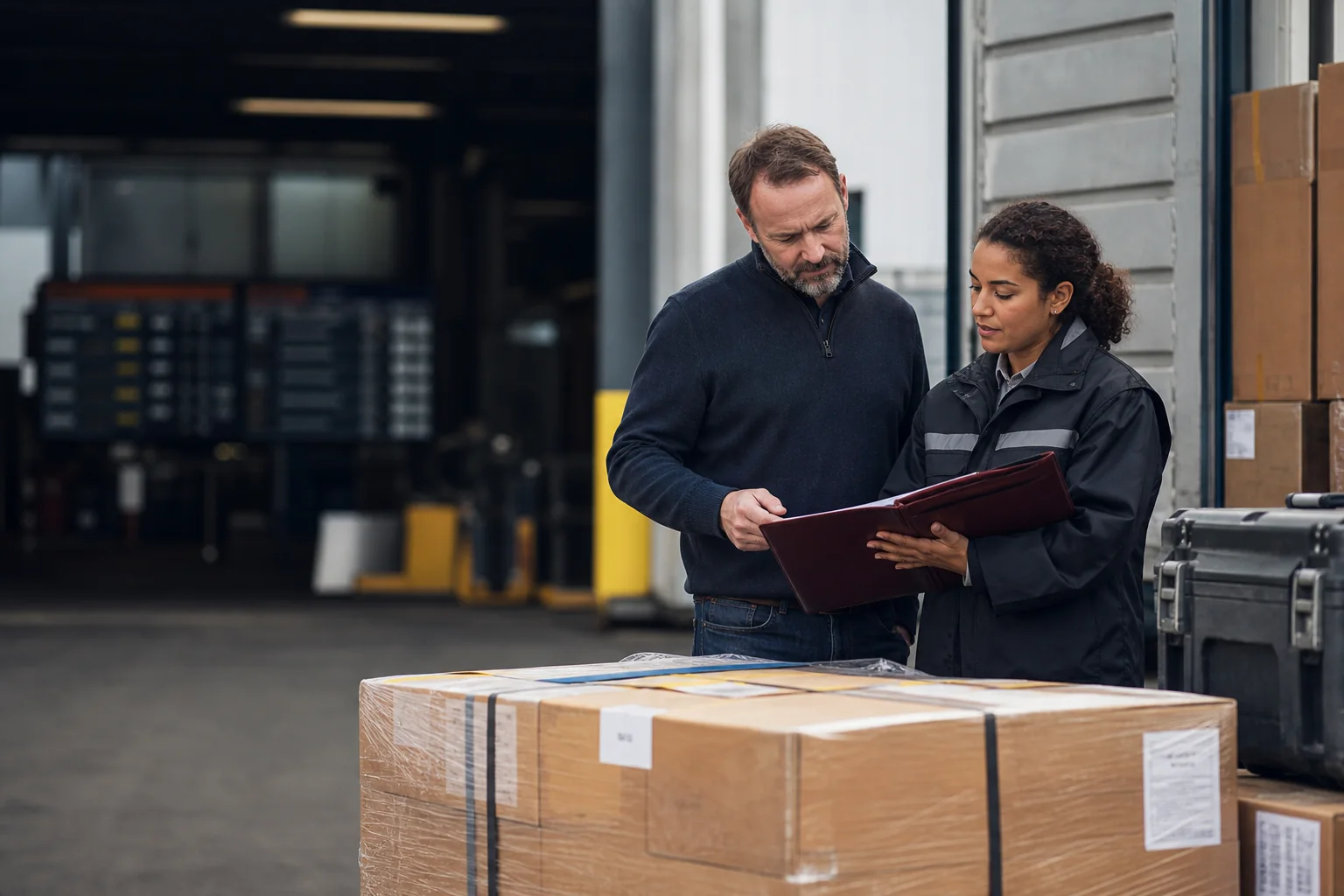 Ecommerce advisers reviewing cross-border VAT documents beside an export shipment