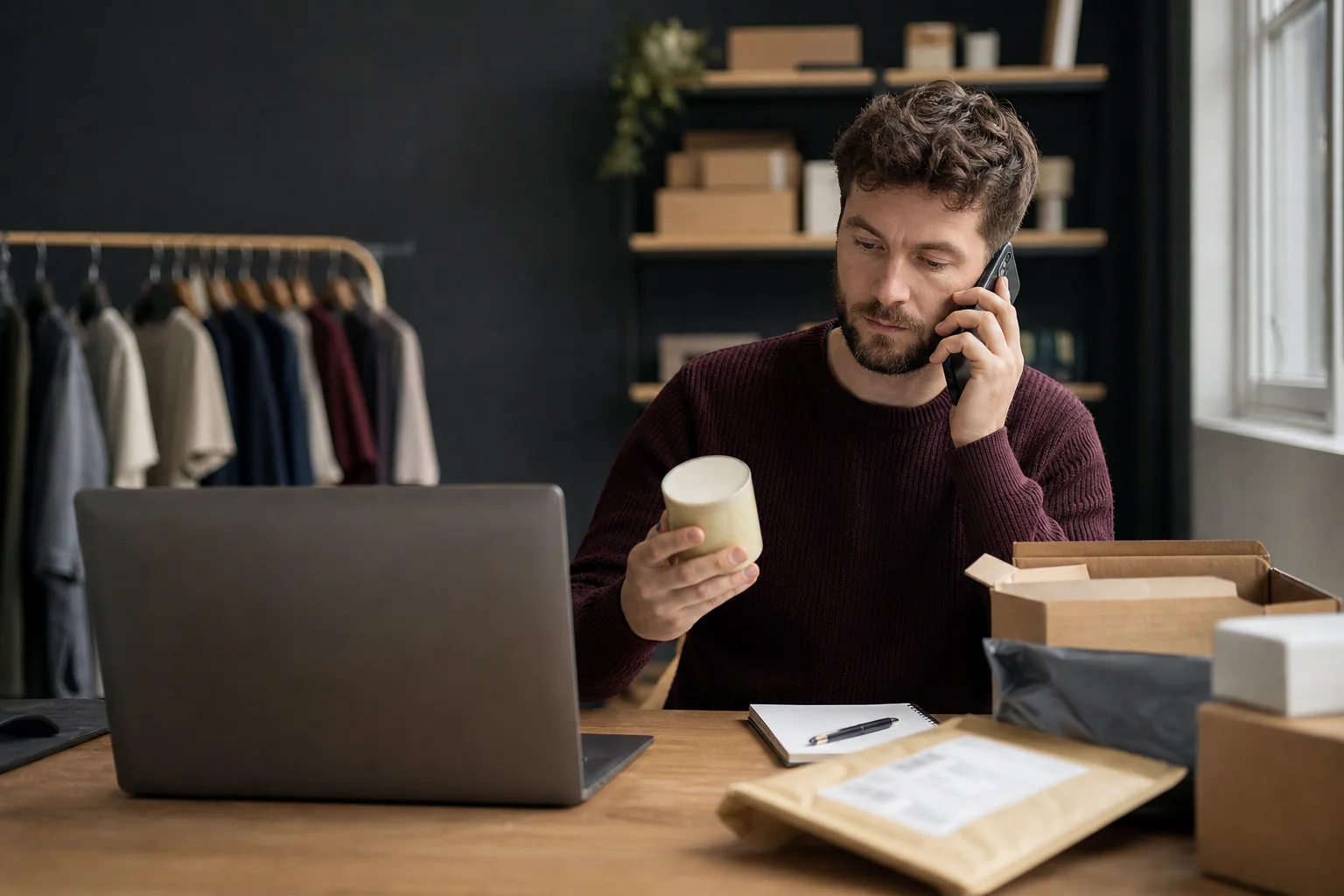 Dropshipping seller reviewing supplier costs beside product samples and parcels