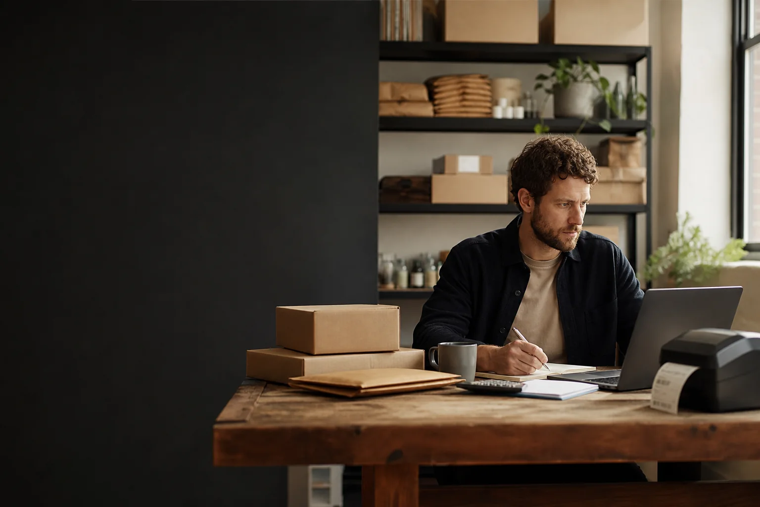 Online retailer reviewing ecommerce accounts beside packed customer orders