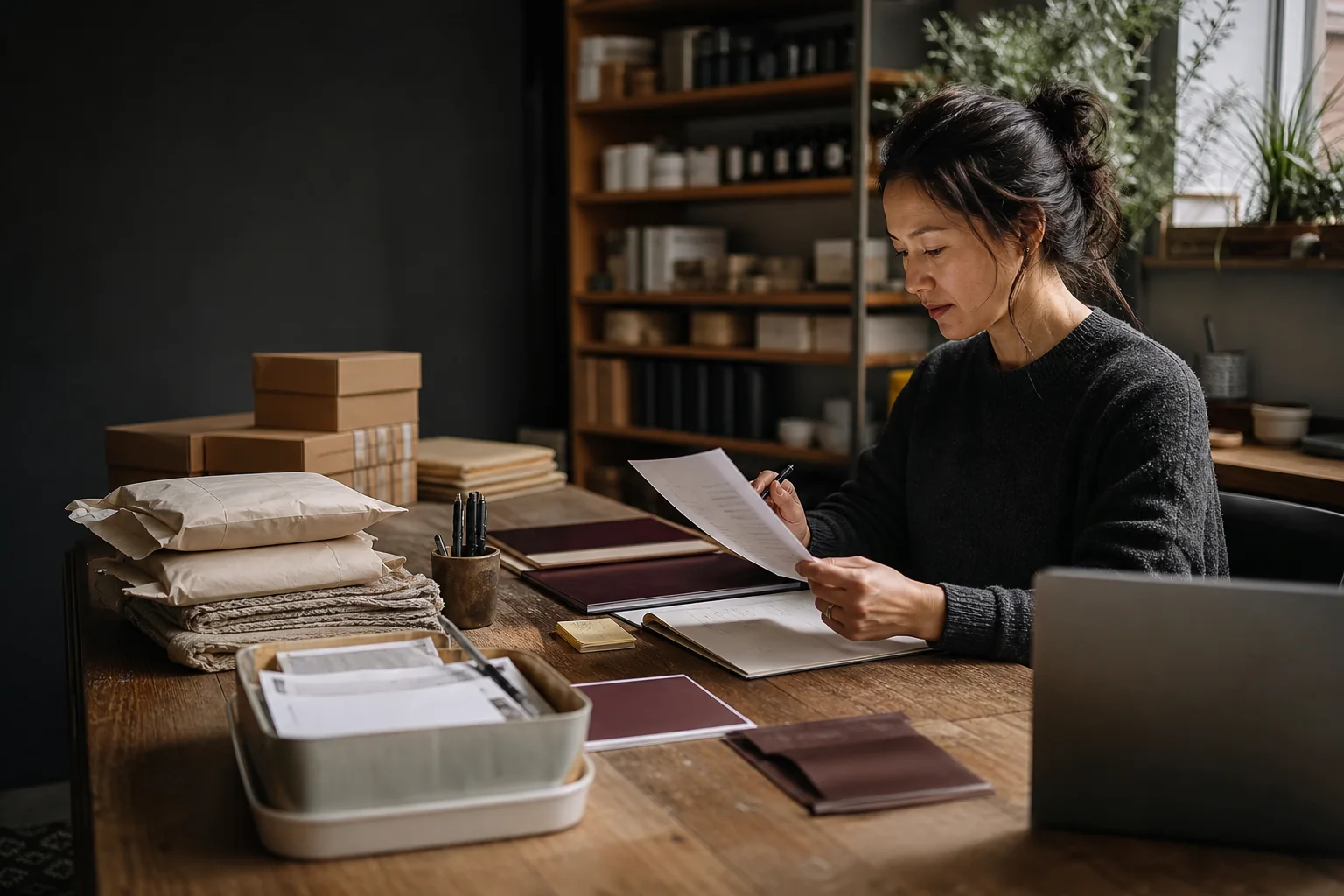 Bookkeeper organising sales records and parcel paperwork for an online shop