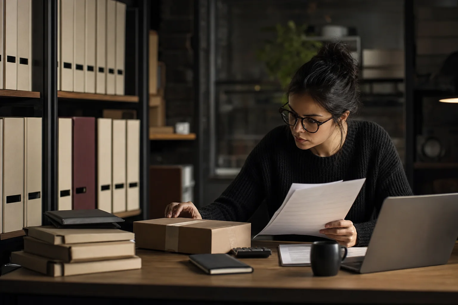 Online seller reviewing tax records and ecommerce parcels to identify filing mistakes
