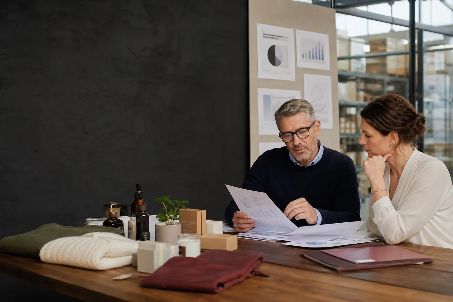 Ecommerce founders reviewing financial reports and performance charts