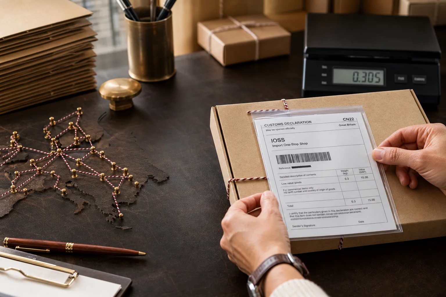 Seller reviewing IOSS import paperwork and European parcel routes