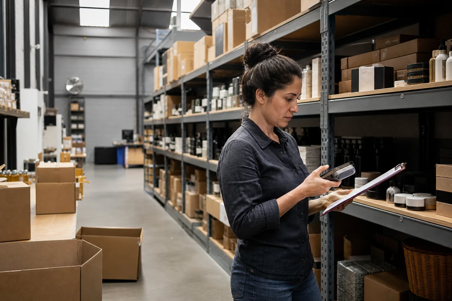 Retailer checking stock counts and inventory records in a warehouse aisle