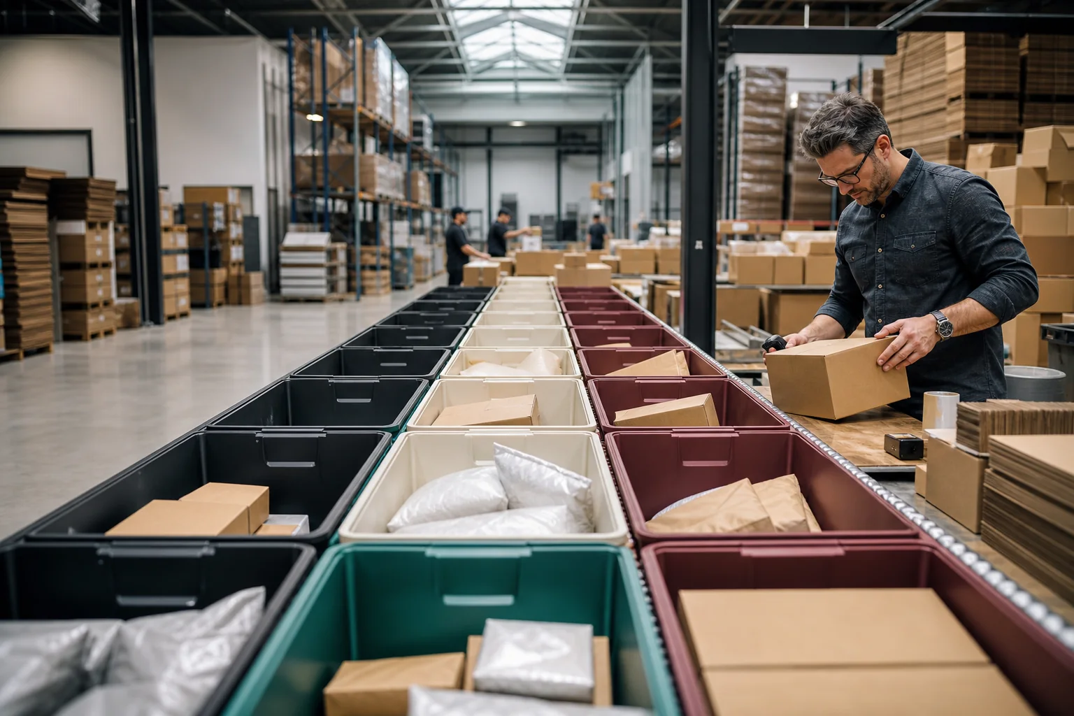 Warehouse operator consolidating orders from multiple ecommerce sales channels