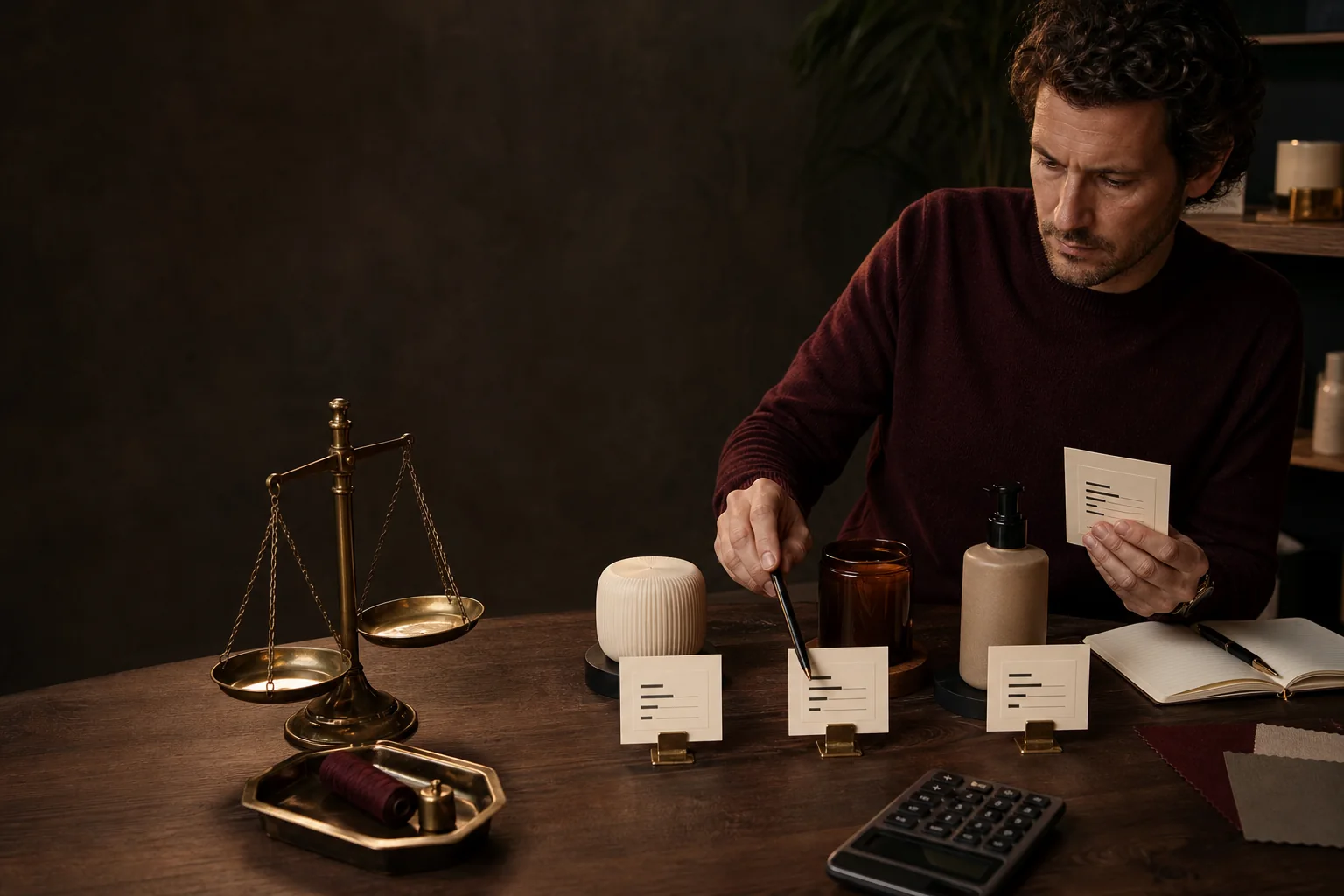 Ecommerce owner analysing product costs and profit margins with a brass scale