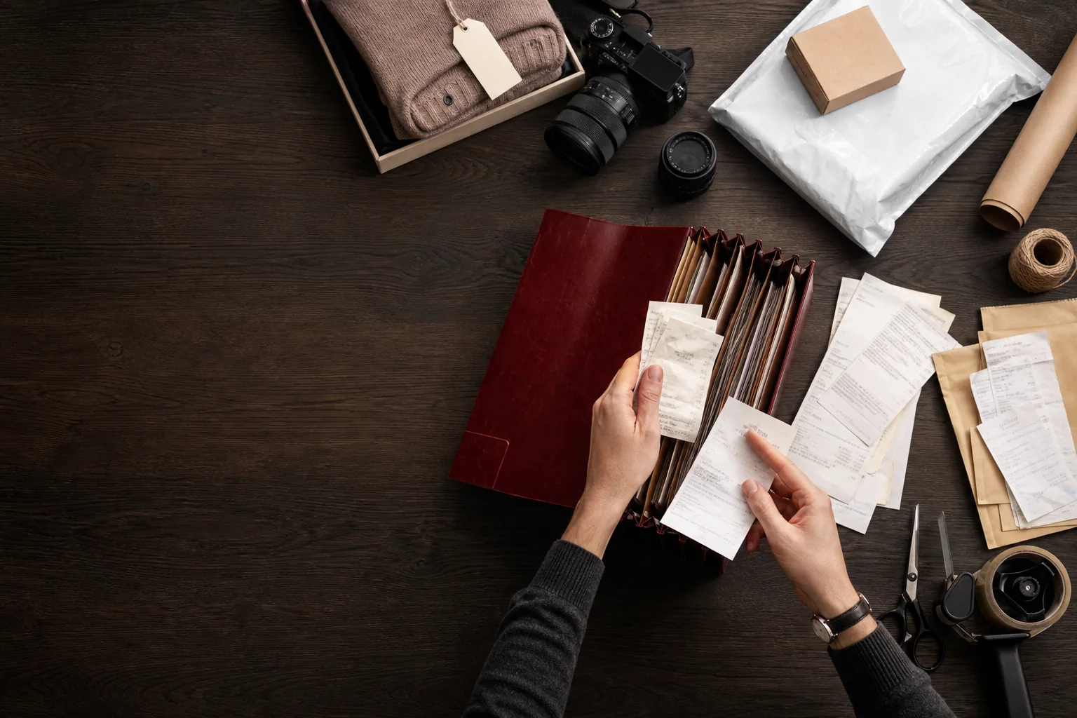 Online business owner sorting deductible expense receipts and product costs