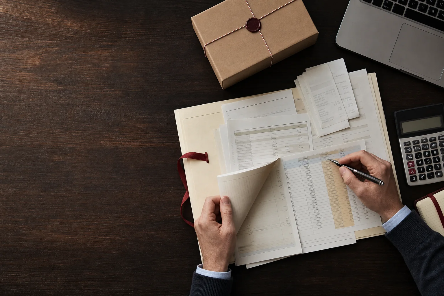 Accountant checking UK online business tax records and receipts