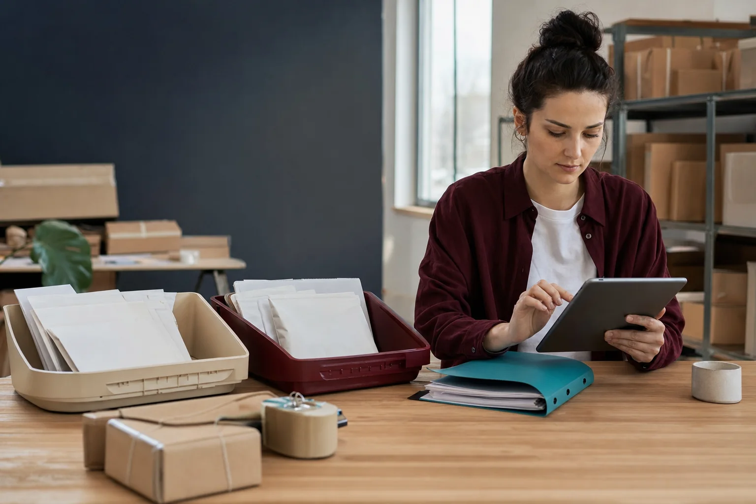 Online seller reviewing VAT records beside ecommerce stock