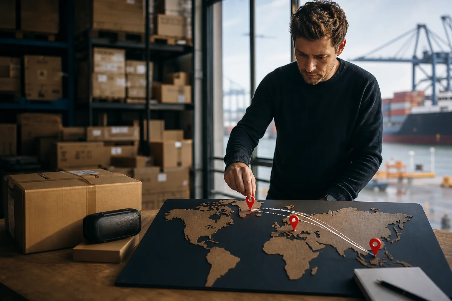 Dropshipping founder mapping parcel routes from China to UK and EU customers