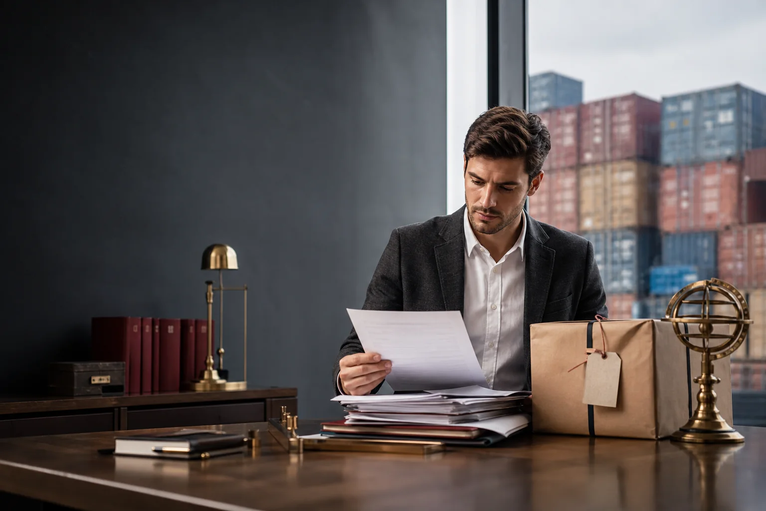 Accountant reviewing international sales VAT paperwork beside export containers
