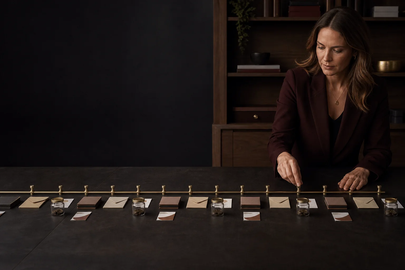 Finance director adjusting a tactile thirteen-week ecommerce cash flow timeline