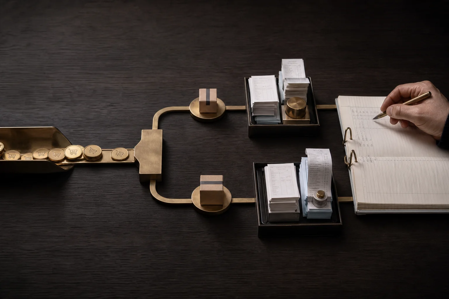 Two ecommerce reconciliation workflows compared beside an FBA settlement ledger