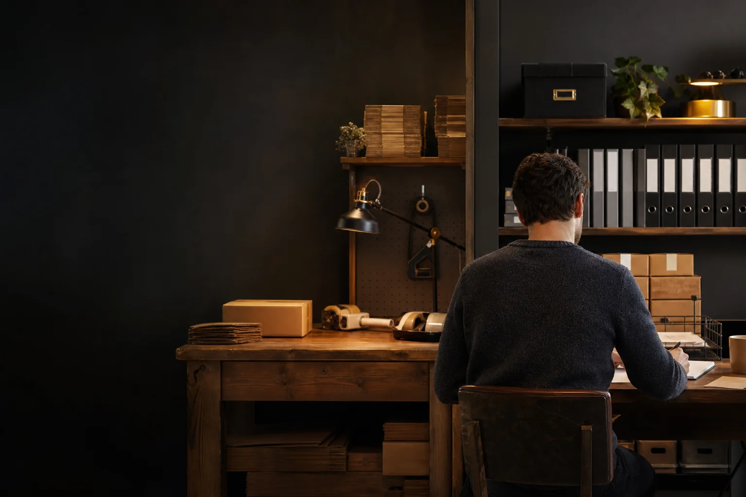 FBA seller working between a home packing bench and structured company records