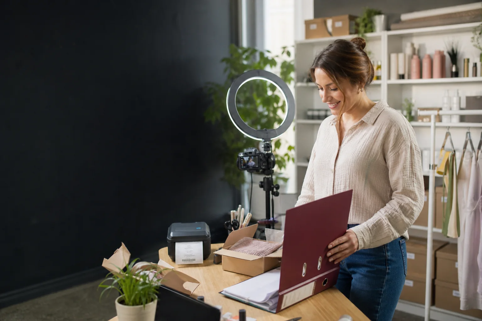 Live commerce seller organising HMRC tax records in a product studio