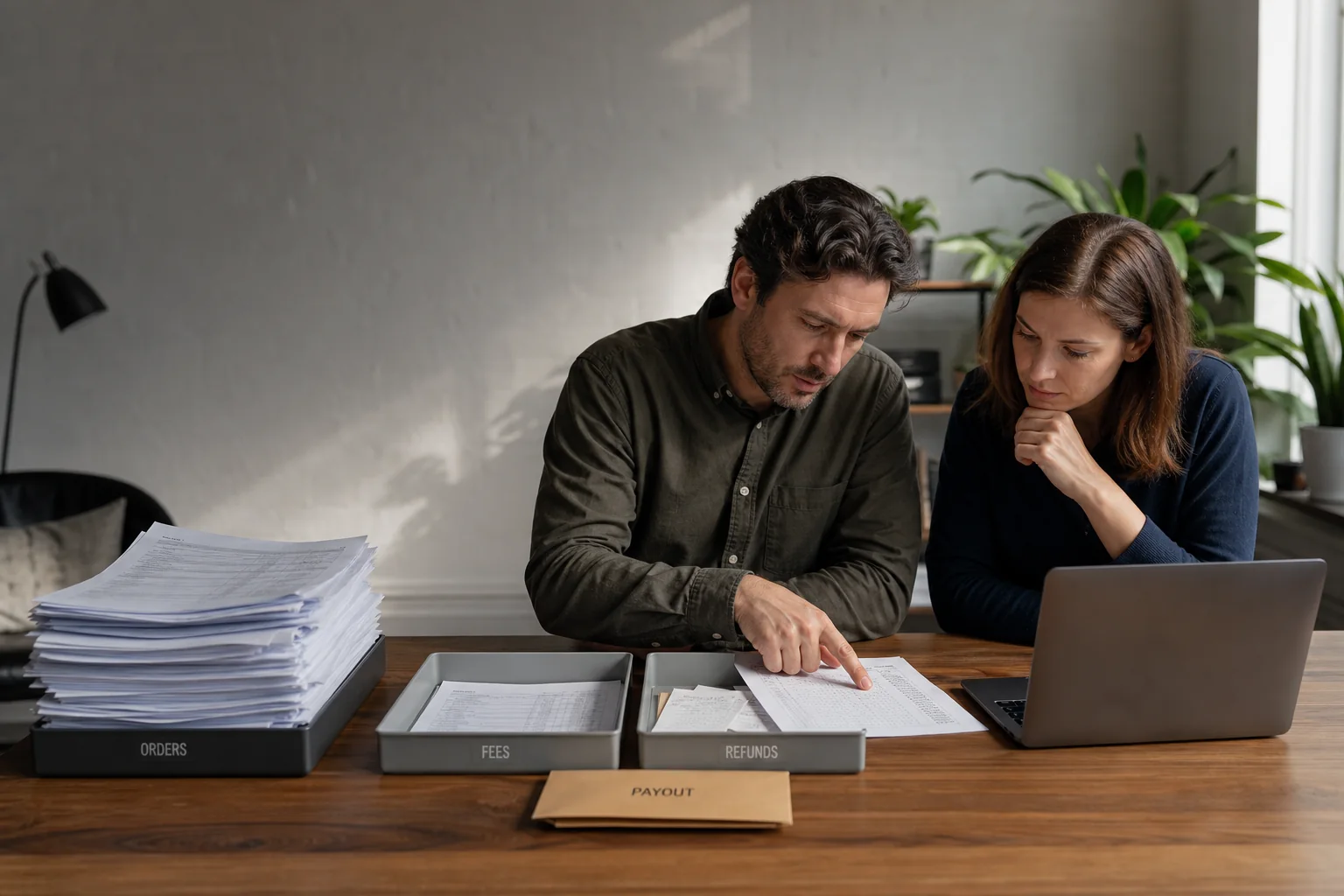 Ecommerce founders comparing order totals, fees and bank payout records
